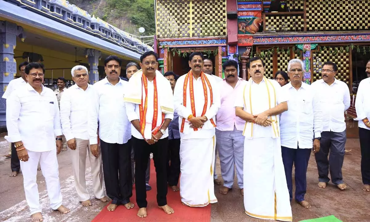 Endowments Minister Anam Ramanarayana Reddy and Vijayawada MP Kesineni Sivanath at Durga temple on Indrakeeladri in Vijayawada on Sunday