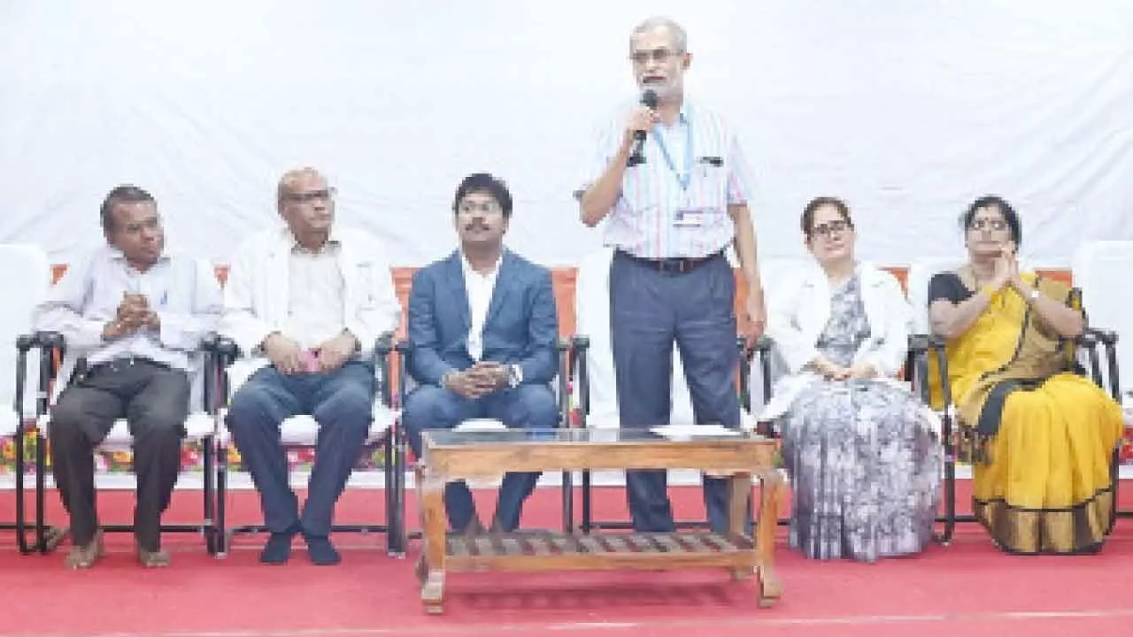 Photo caption: SVIMS Dean Dr Alladi Mohan speaking at a programme in Tirupati on Tuesday. IDS Inc vice-president Voruganti Aravind, Dr Usha Kalawat, Dr Madhavi and others are also seen.