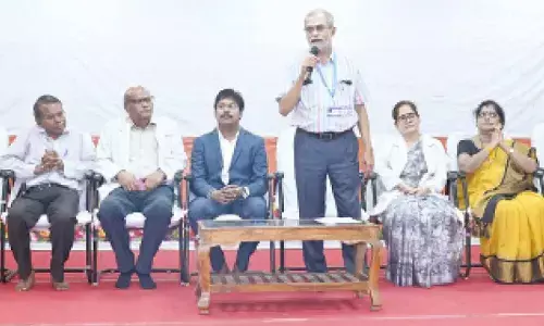 Photo caption: SVIMS Dean Dr Alladi Mohan speaking at a programme in Tirupati on Tuesday. IDS Inc vice-president Voruganti Aravind, Dr Usha Kalawat, Dr Madhavi and others are also seen.