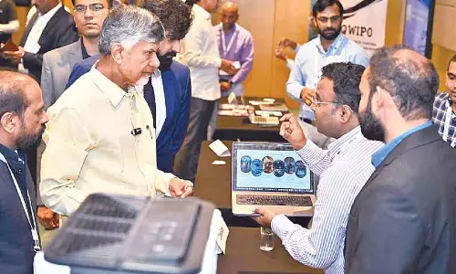 Chief Minister N Chandrababu Naidu browsing through the exhibits at the conclave held in Visakhapatnam on Friday