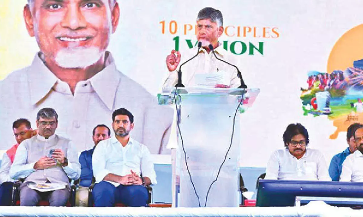 Chief Minister N Chandrababu Naidu, addressing after releasing the Swarna Andhra@2047 vision document at IGMC Stadium in Vijayawada on Friday.