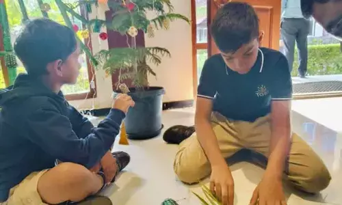 Students create eco-friendly christmas tree with recycled materials