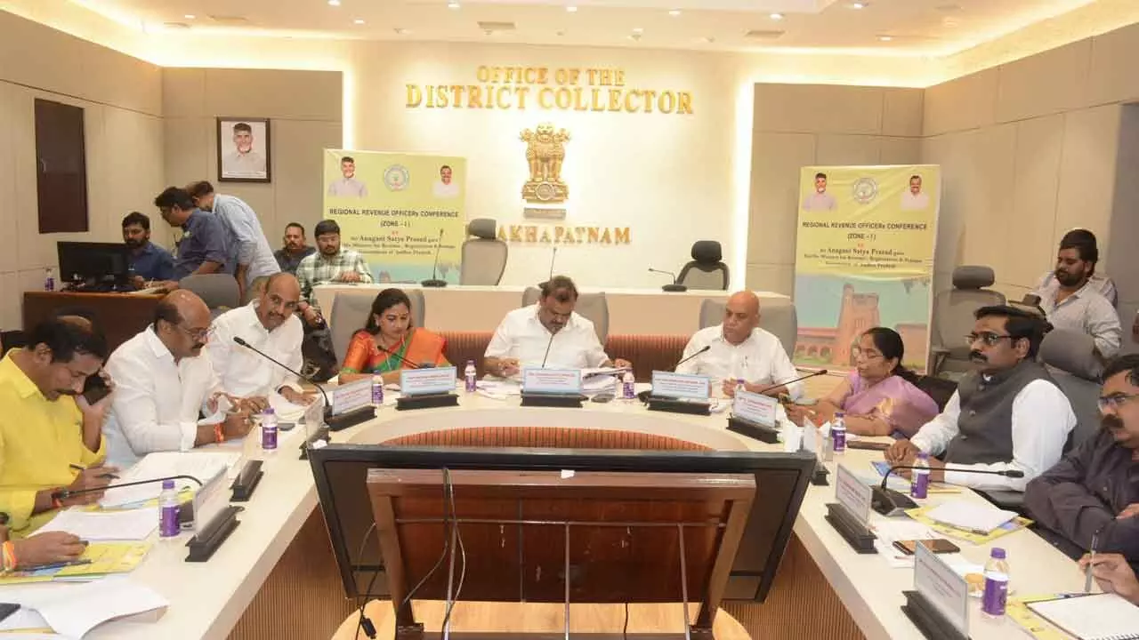 Revenue Minister Anagani Satya Prasad holding a meeting with the public representatives and officials in Visakhapatnam on Tuesday