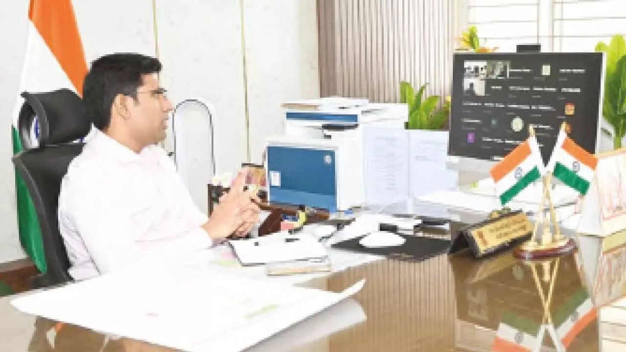 District Collector Dr S Venkateswar conducting a virtual meeting with NHAI and revenue officials in Tirupati on Tuesday