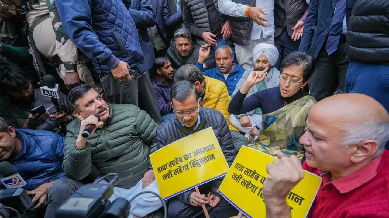 AAP protests near BJP office over Shahs remark on Ambedkar