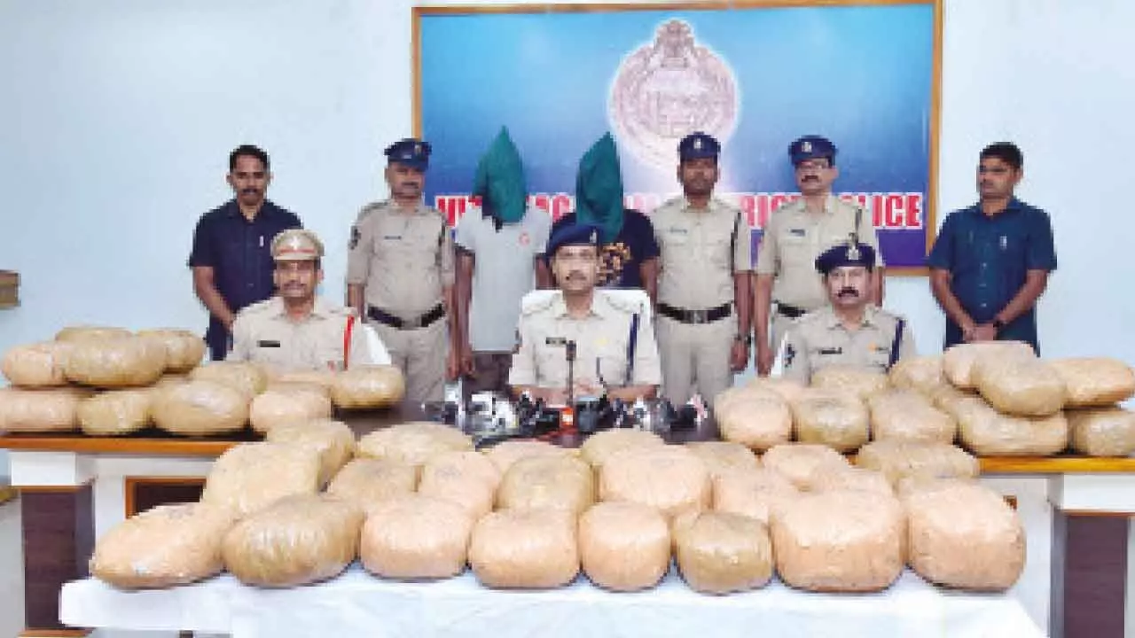 SP Vakul Jindal and DSP M Srinivasa Rao giving details of ganja seizure and arrests in Vizianagaram on Friday