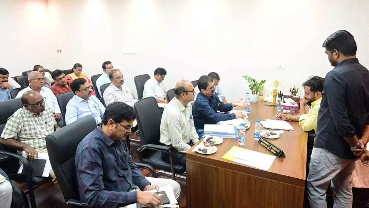 Minister of labour Vasamsetti Subhash reviewing the functioning of factories and boilers de-partments at the Secretariat in Velagapudi on Friday