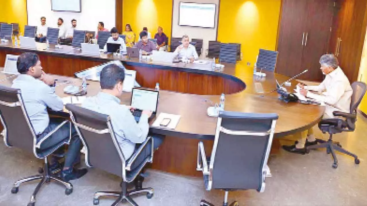 Chief Minister N Chandrababu Naidu holding a meeting with officials on co-working and neighbourhood working spaces at the Secretariat at Velagapudi on Tuesday