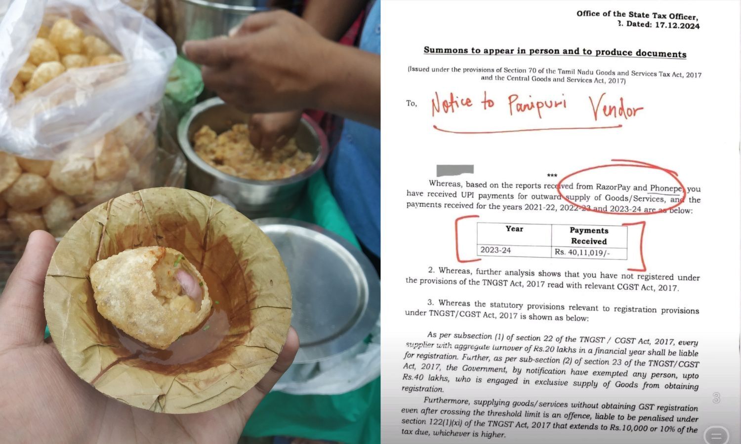 Pani Puri Vendor in Tamil Nadu Receives GST Notice After Online ...