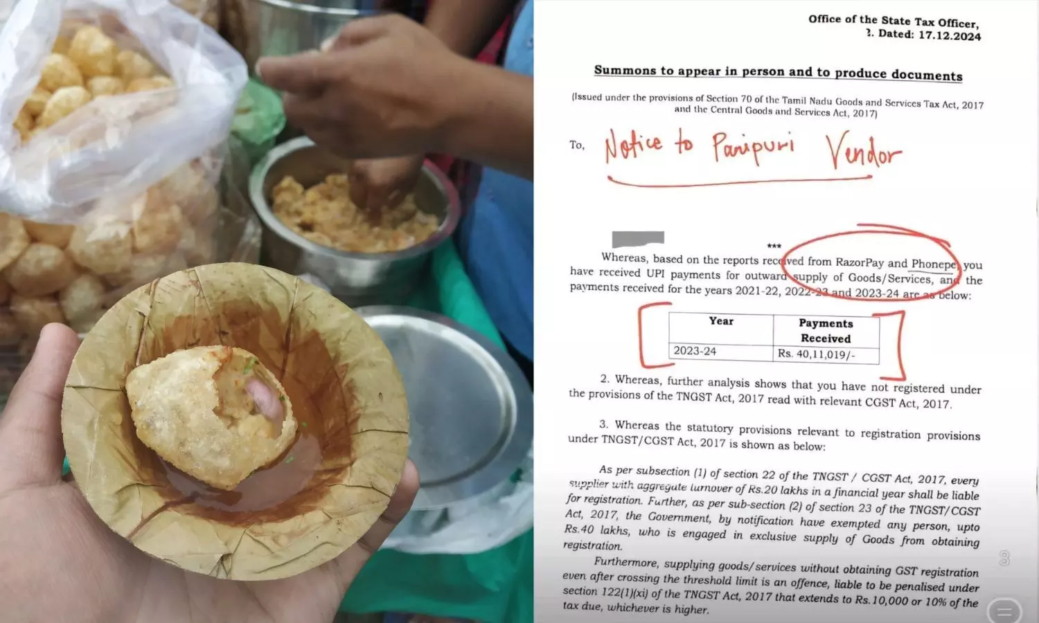 Pani Puri Vendor in Tamil Nadu Receives GST Notice After Online Payments Cross Rs 40 Lakh