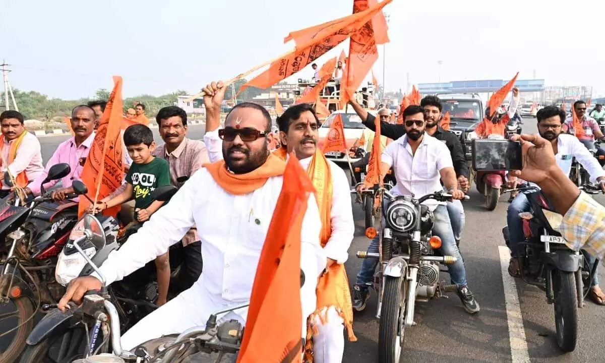 VHP and BJP leaders taking part in bike rally in Eluru on Sunday