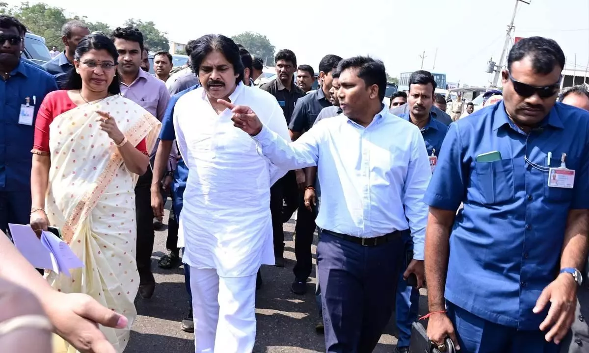 Deputy Chief Minister Pawan Kalyan during the field inspection of road works on Friday