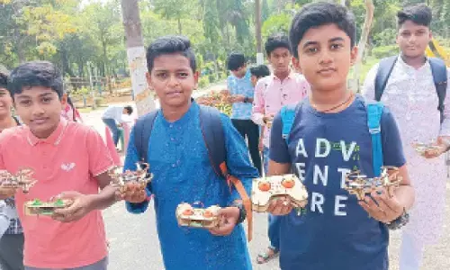 Some participants of the ‘Junior Drone Master’ programme displaying the drones built by them at RSC in Tirupati on Wednesday