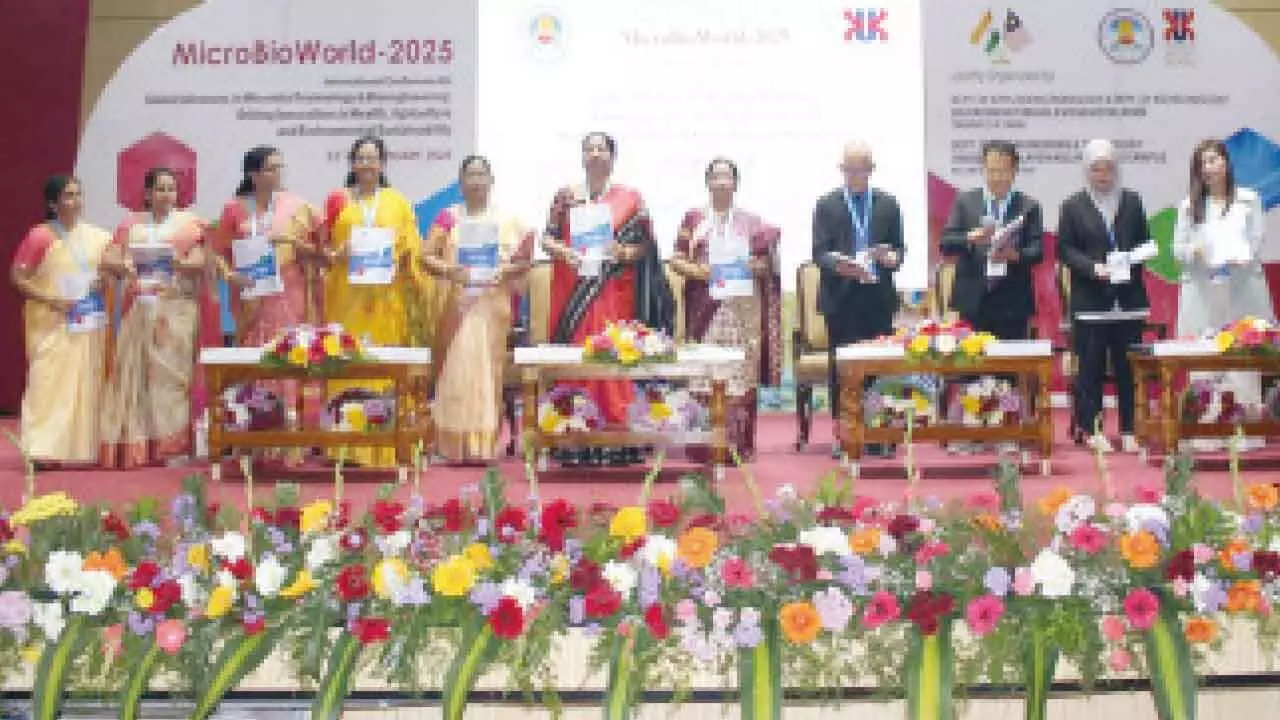 SPMVV V-C Prof V Uma along with other dignitaries releasing the conference souvenir in Tirupati on Thursday SPMVV V-C Prof V Uma along with other dignitaries releasing the conference souvenir in Tirupati on Thursday