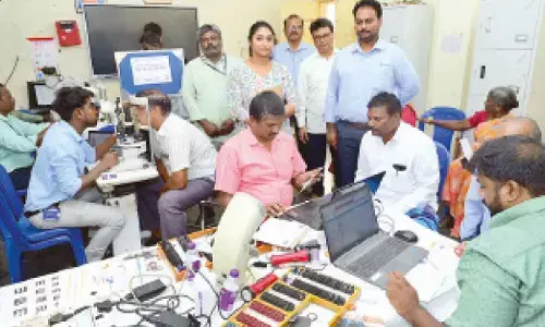 Cherivi villagers undergoing eye screening at the free camp on Thursday. Sri City Foundation and TIL Healthcare officials including Nireesha Sannareddy, Ajay Kumar and others are also seen.