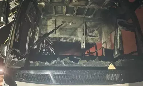 Bus catches fire after tire burst on Bengaluru-Mysuru Expressway
