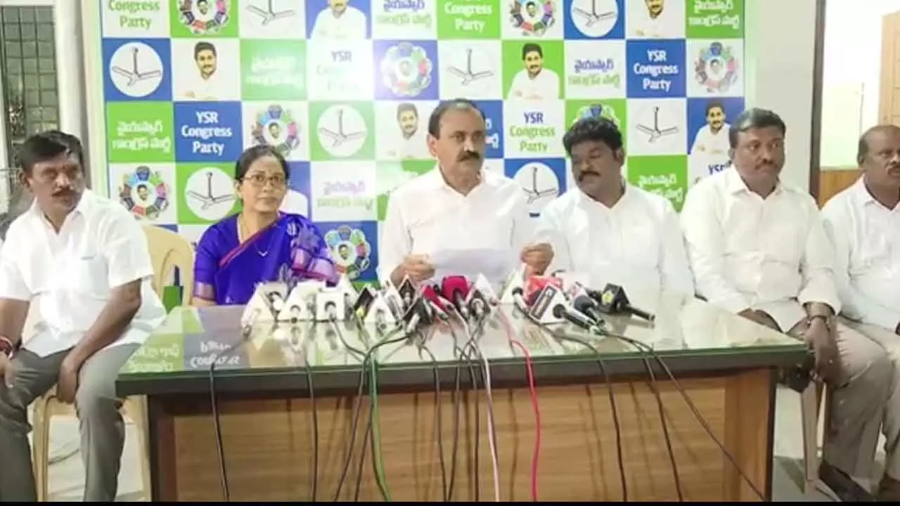 Senior YSRCP leader and former TTD chairman Bhumana Karunakar Reddy speaking to the media in Tirupati on Tuesday. Mayor Dr R Sirisha and others are also seen.