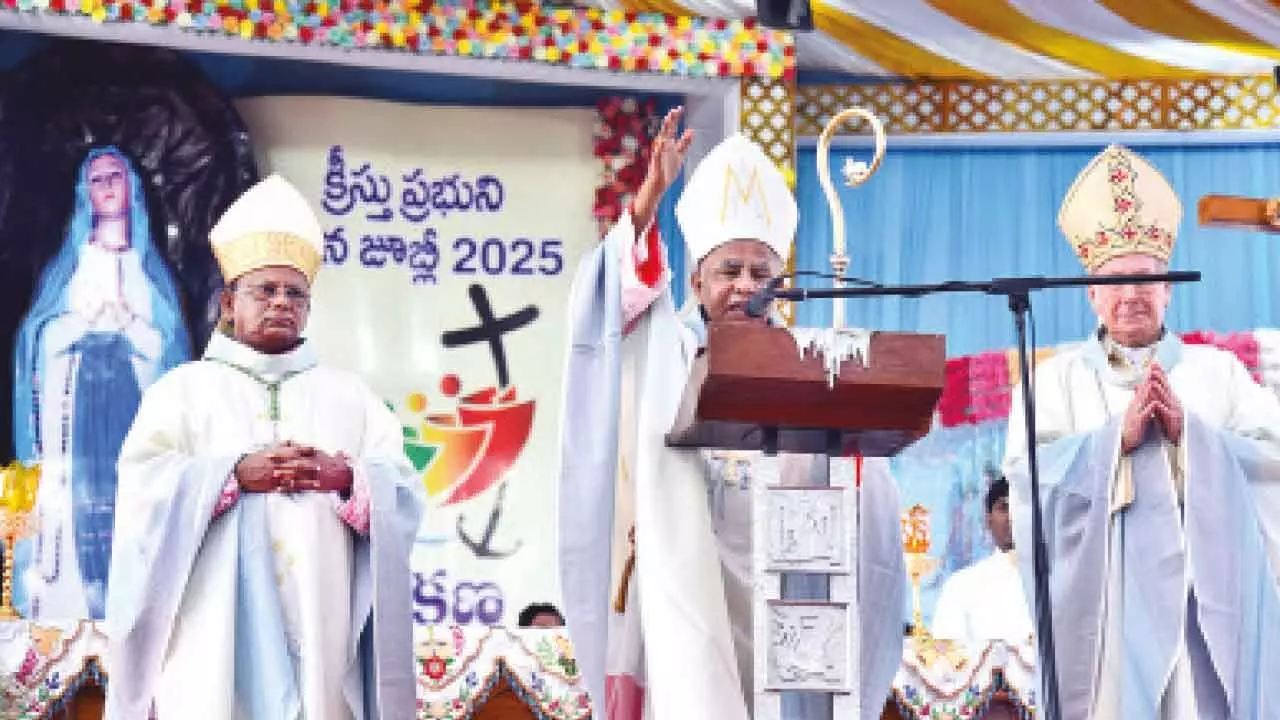 Bishop Thelagathoti J Rajarao and other members at Gunadala Mary Matha Shrine in Vijayawada on Tuesday Bishop Thelagathoti J Rajarao and other members at Gunadala Mary Matha Shrine in Vijayawada on Tuesday