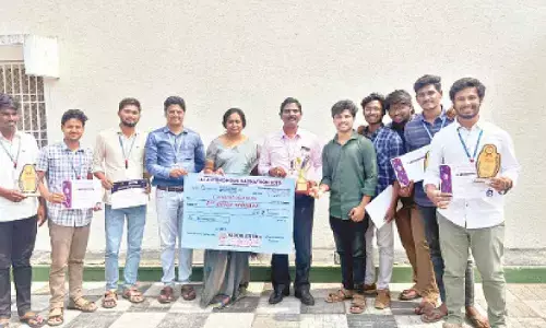 ECE students of Vishnu Institute of Technology being felicitated at Bhimavaram on Tuesday after they won the first prize in Sky Quest-Hackathon at SRM-AP
