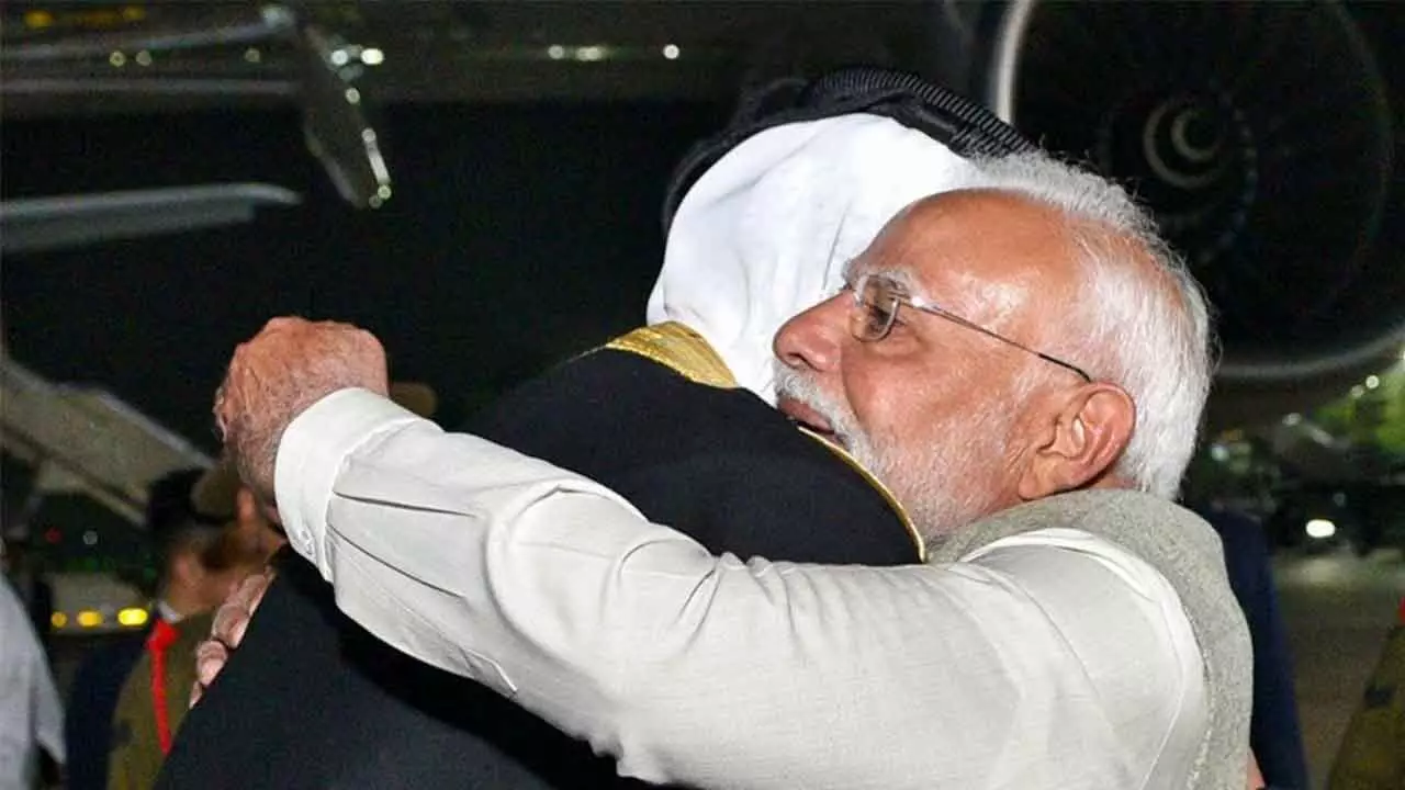 Prime Minister Narendra Modi receives The Amir of the State of Qatar Sheikh Tamim Bin Hamad Al-Thani upon his arrival in India, in New Delhi on Monday Prime Minister Narendra Modi receives The Amir of the State of Qatar Sheikh Tamim Bin Hamad Al-Thani upon his arrival in India, in New Delhi on Monday