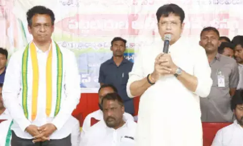 Minister D Sridhar Babu speaking at a meeting held at Peddapalli on Monday
