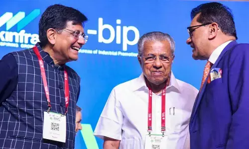 Union Minister Piyush Goyal with Kerala Chief Minister Pinarayi Vijayan and Indias G20 Sherpa and former NITI Aayog CEO Amitabh Kant during Invest Kerala Global Summit 2025, in Kochi on Friday