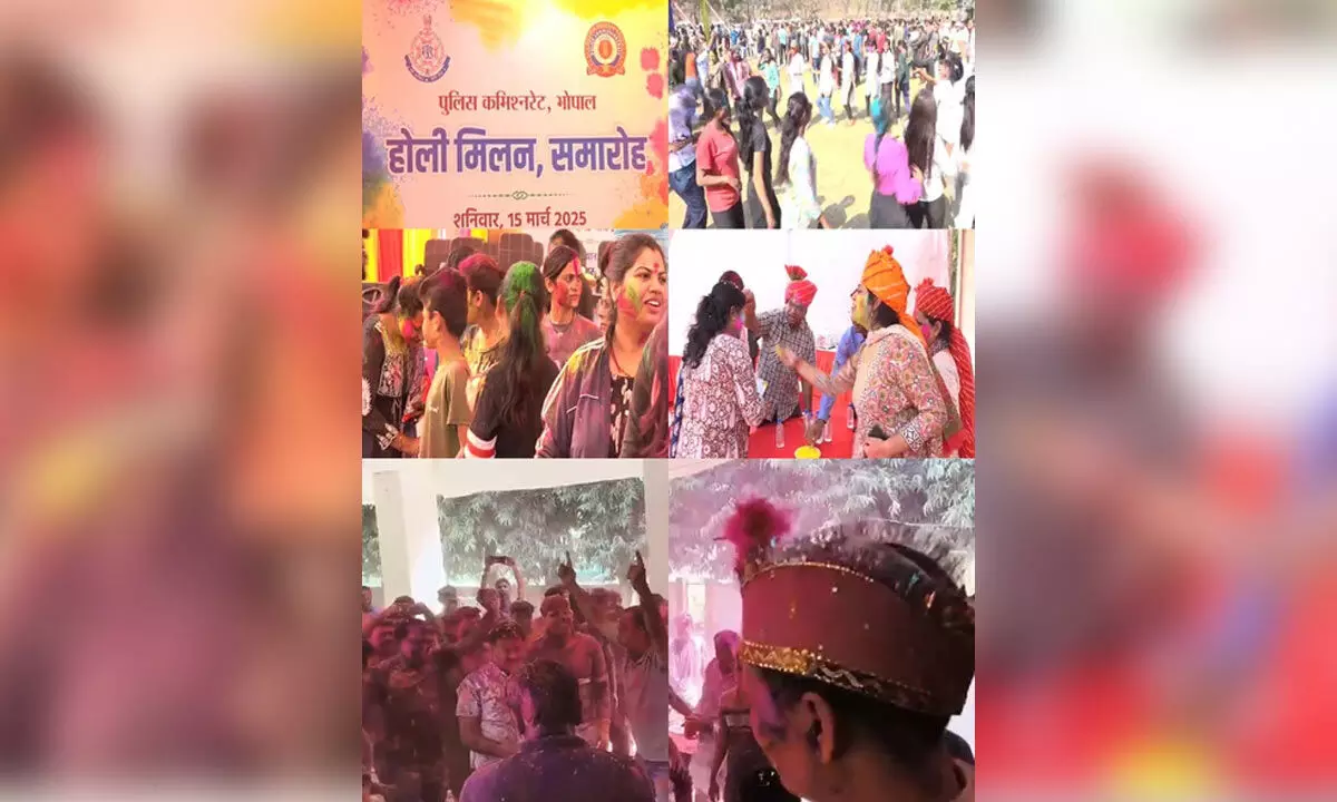 Police officers celebrate Holi with enthusiasm in Bhopal, Ballia Police officers celebrate Holi with enthusiasm in Bhopal, Ballia
