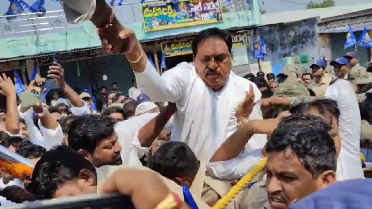 Police Block Former Minister Errabelli Dayakar Rao from Honouring B.R. Ambedkar Statue on Birth Anniversary in Jangaon Police Block Former Minister Errabelli Dayakar Rao from Honouring B.R. Ambedkar Statue on Birth Anniversary in Jangaon