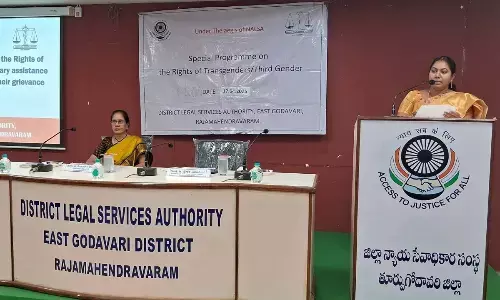 DLSA Secretary N Srilakshmi speaking at a legal awareness seminar in Rajamahendravaram on Friday
