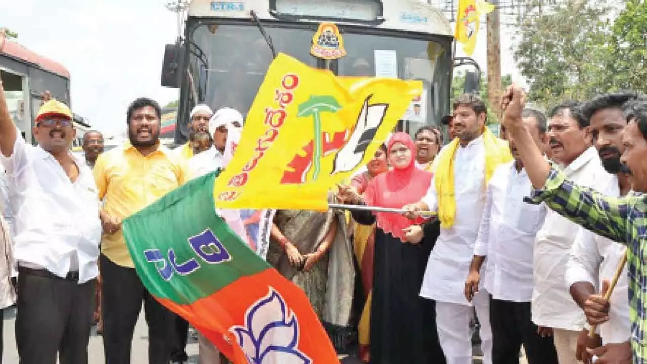 MLA flags off buses to shift people to Amaravati MLA flags off buses to shift people to Amaravati