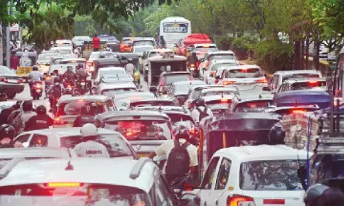 Kukatpally Traffic Jam After Heavy Rain Damages Road in Hyderabad