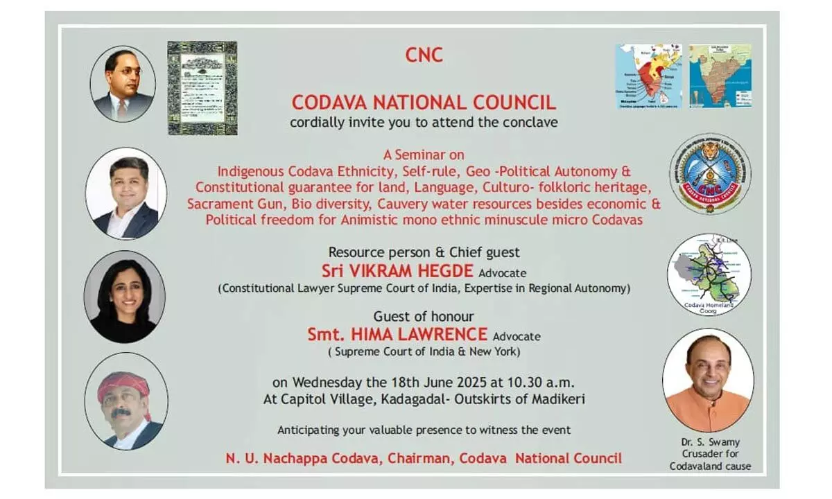 Codava National Council to Host Seminar on Geo-Political Autonomy and Tribal Rights in Kodagu Codava National Council to Host Seminar on Geo-Political Autonomy and Tribal Rights in Kodagu