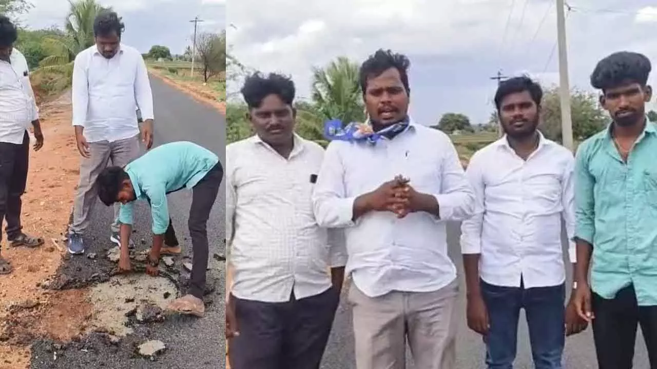 Substandard BT Road in Gadwal Triggers Corruption Allegations: Youth Group Demands Action Substandard BT Road in Gadwal Triggers Corruption Allegations: Youth Group Demands Action