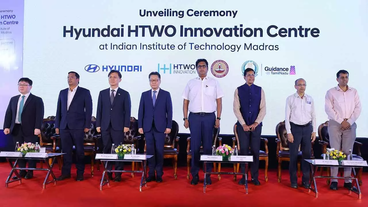Dignitaries on stage during Hyundai HTWO Innovation Centre design unveiling ceremony held at Discovery - Satellite Campus of IIT Madras, located in Thaiyur near Chennai, TN Dignitaries on stage during Hyundai HTWO Innovation Centre design unveiling ceremony held at Discovery - Satellite Campus of IIT Madras, located in Thaiyur near Chennai, TN