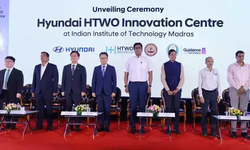 Dignitaries on stage during Hyundai HTWO Innovation Centre design unveiling ceremony held at Discovery - Satellite Campus of IIT Madras, located in Thaiyur near Chennai, TN