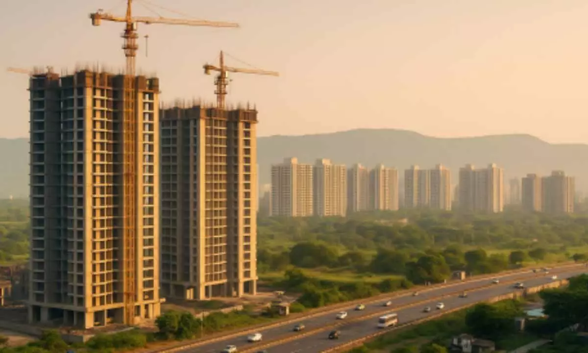 Under-construction high-rise buildings with cranes beside a highway in Navi Mumbai during sunset Under-construction high-rise buildings with cranes beside a highway in Navi Mumbai during sunset