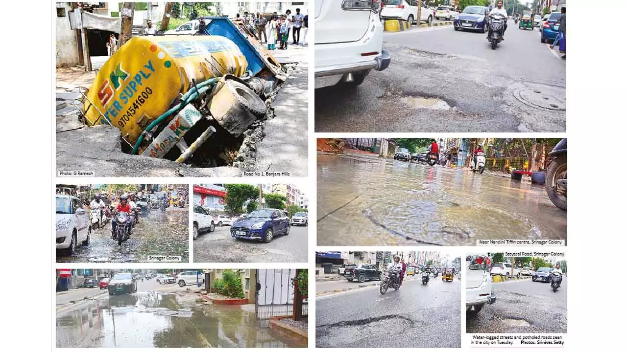 Road on nala caves in at Banjara Hills as water tanker collapses Road on nala caves in at Banjara Hills as water tanker collapses