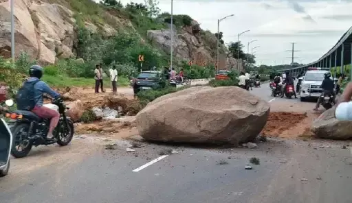 Massive Boulder Falls on Manchirevula Service Road, Causes Major Traffic Disruption in Hyderabad