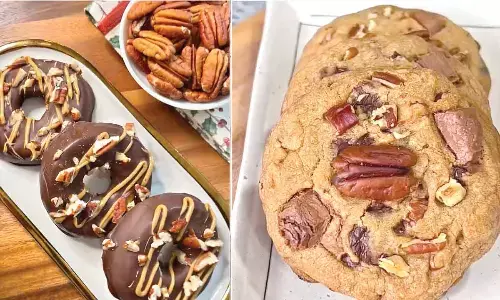 Crunchy indulgence: Apple pecan donuts & double chocolate pecan cookies