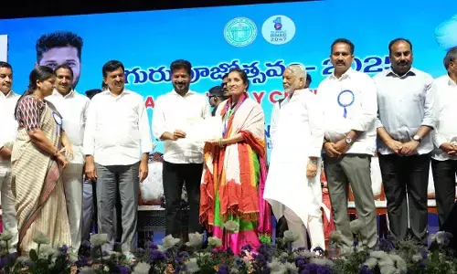 Chief Minister A Revanth Reddy participating in the Teachers Day celebrations at Shilpa Kala Vedika in Hyderabad on Friday.