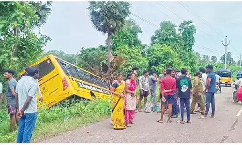 School bus with 35 veers off the road