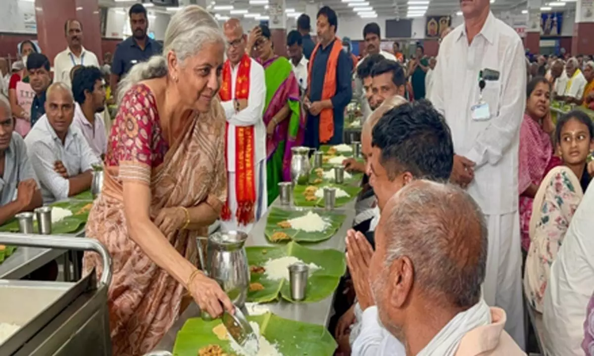 FM Nirmala Sitharaman serves Annaprasadam to devotees at Tirumala temple FM Nirmala Sitharaman serves Annaprasadam to devotees at Tirumala temple