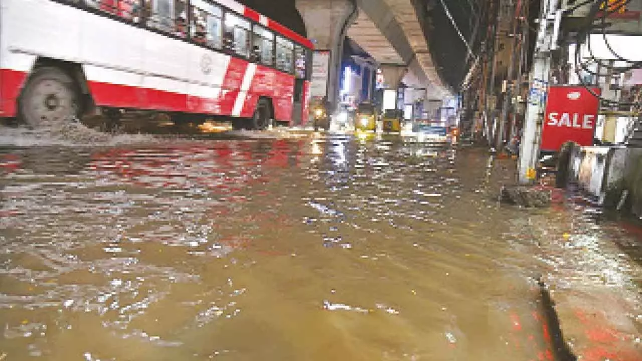 Roads turn rivers as heavy rain paralyses city