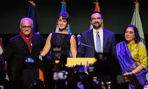 Mayor-elect Zohran Mamdani with his wife  Rama Duwaji (second left) and his father Mahmood Mamdani and mother Mira Nair after making an acceptance speech on Tuesday