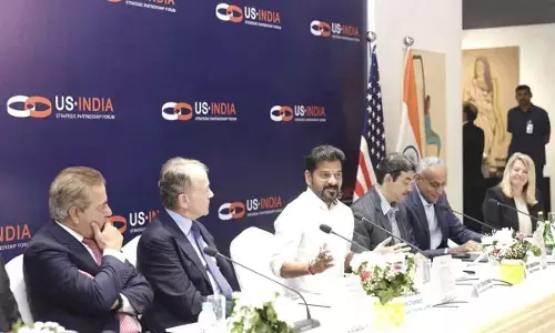 Chief Minister A Revanth Reddy addressing the US-India Strategic Partnership conclave in New Delhi on Thursday