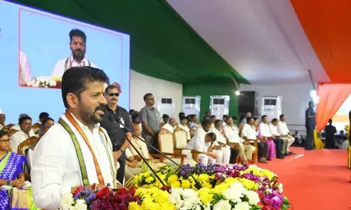 Chief Minister A Revanth Reddy launches campaign for the local body polls at a public meeting in Kodangal on Monday