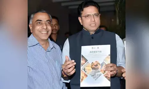 Sri D. Sridhar Babu, Honble Minister for Industries, IT, Commerce, Communications & Legislative Affairs Govt. of Telangana along with A. Chandra Sekhara Reddy Media Adviser BEE & EESL MOP, Government of India, is Unveiling a Special report on ADEETIE Scheme in Hyderabad