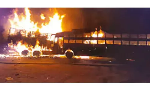 Bus catches fire after colliding with truck in UP, three dead