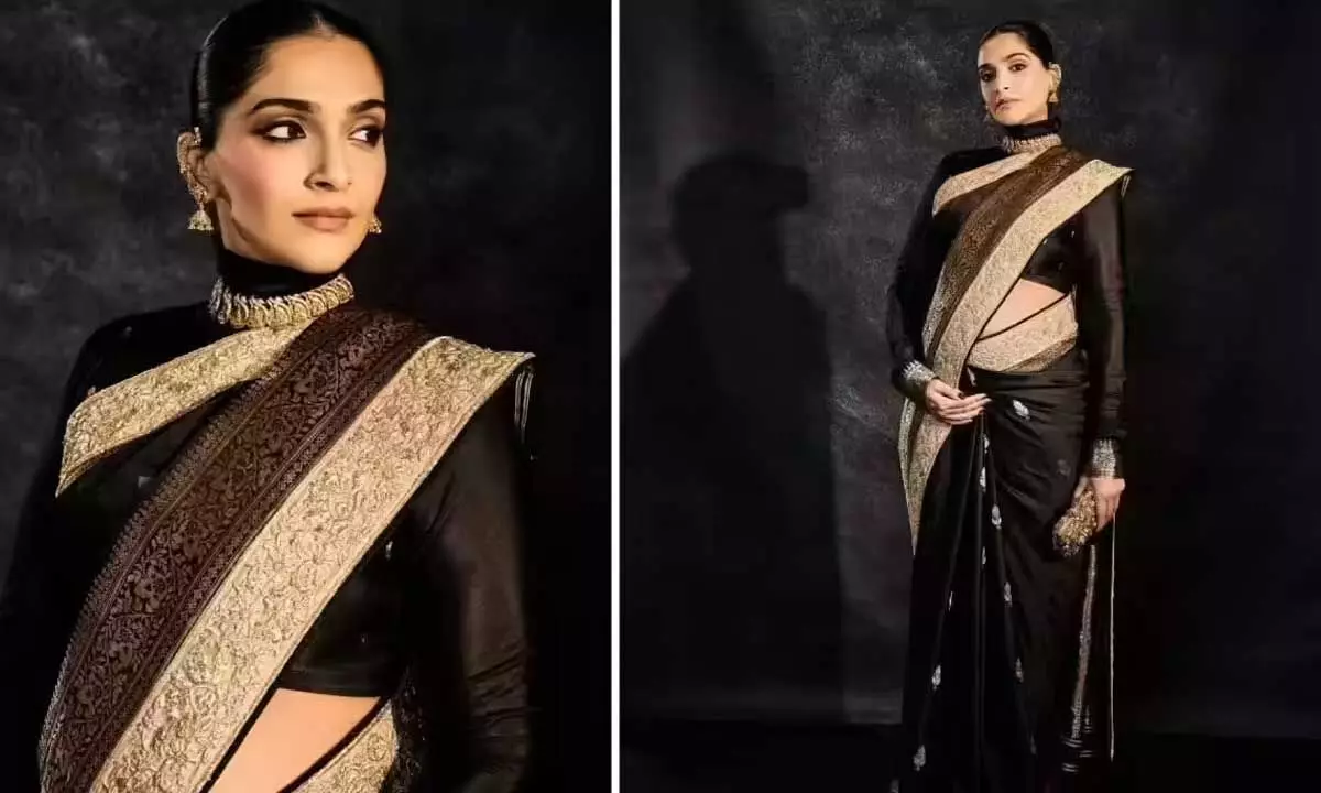 Sonam Kapoor Redefines Maternity Glamour in a Regal Black Banarasi Saree at Mumbai Event Sonam Kapoor Redefines Maternity Glamour in a Regal Black Banarasi Saree at Mumbai Event