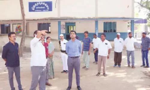 District Collector Anudeep Durishetty observing arrangements at a school on Tuesday District Collector Anudeep Durishetty observing arrangements at a school on Tuesday